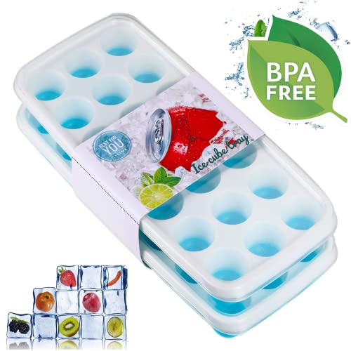 Ice Cube Trays Easy Release-Odor free,Spill Resistant Lid Included,2 Pack, Small Size, Stackable 42 Cubes,Silicone(Blue)