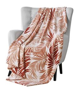 vcny decorative throw blanket: large lush palm leaf design accent for couch or bed, colors: coral red beige white