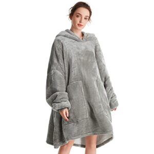 aemicion oversized wearable blanket sherpa fleece blanket hoodie comfortable soft warm thick big hooded sweatshirt hoodie blanket for adults women girls teenagers teens men (light grey)