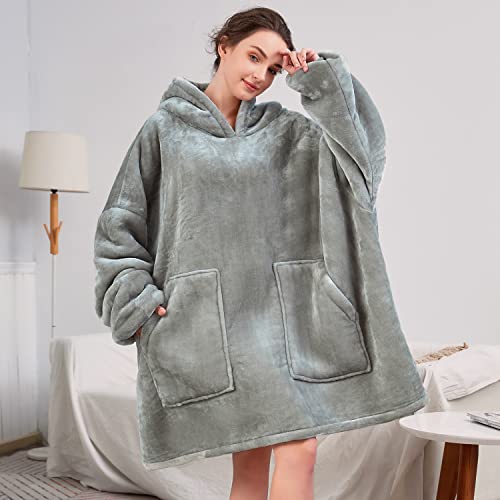 Aemicion Oversized Wearable Blanket Sherpa Fleece Blanket Hoodie Comfortable Soft Warm Thick Big Hooded Sweatshirt Hoodie Blanket for Adults Women Girls Teenagers Teens Men (Light Grey)