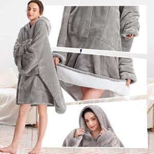 Aemicion Oversized Wearable Blanket Sherpa Fleece Blanket Hoodie Comfortable Soft Warm Thick Big Hooded Sweatshirt Hoodie Blanket for Adults Women Girls Teenagers Teens Men (Light Grey)