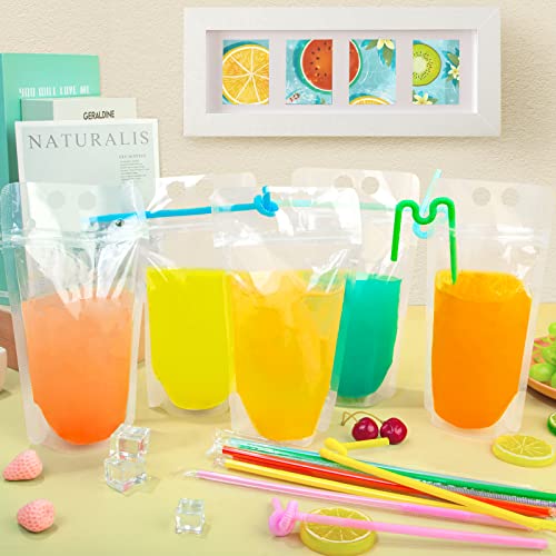 200 Pcs Drink Pouches for Adults, Reusable Plastic Juice Pouches Stand-up Smoothie Drink Pouches with Straw Funnel for Cool Summer Party, Cold Hot Drinks