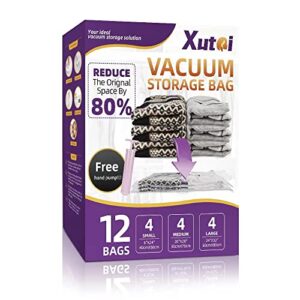 xutai vacuum storage bags, space saver bags 12 pack (4 large/ 4 medium/4 small) for comforters and blankets，clothes，clothing，travel，luggage，bedding,vacuum seal bags for clothes，hand pump