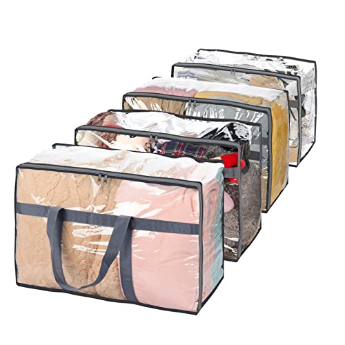 Fixwal 4 Pack Clear Clothes Storage 60L Moving Totes with Reinforced Handles Transparent Space Saver Containers Closet Organizer Vinyl Bag for Bedding Sets Blankets Duvet Cover Clothes (4 Pack, Gray)