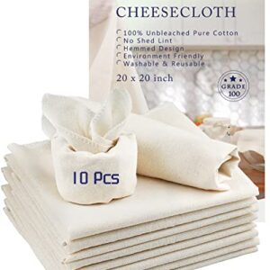 Grade 100 Hemmed Cheesecloth, 10 Pieces 100% Unbleached Cotton 20 x 20 Inches Cheese Cloths, Perfect for Straining, Filtering, Canning, Crafting, Covering and Polishing