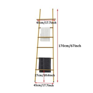 6-Tier Wall-Leaning Ladder Towel Racks with Suction Cup,Quilts Rack Towel Drying and Display Rack,Metal Blanket Rack Multipurpose Organizer Rack for Bathroom Laundry Room,Gold