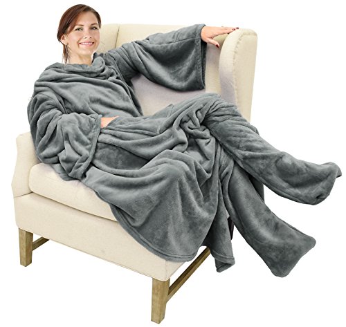 Catalonia Wearable Fleece Blanket with Sleeves and Foot Pockets for Adult Women Men, Micro Plush Comfy Wrap Sleeved Throw Blanket Robe Large, Grey