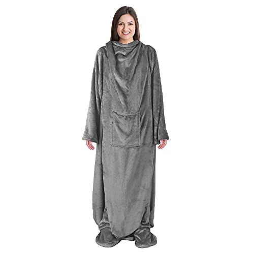Catalonia Wearable Fleece Blanket with Sleeves and Foot Pockets for Adult Women Men, Micro Plush Comfy Wrap Sleeved Throw Blanket Robe Large, Grey