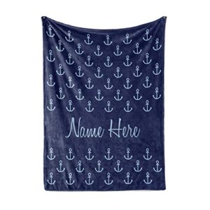 Personalized Fleece Blanket - Custom Throw Blankets for Adults Men Women Kids - Nautical Theme Navy Blue Anchor (Adult 60"x80")