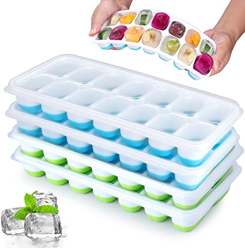 Silicone Ice Cube Tray, 4 Pack Easy-Release & Flexible 14-Ice Cube Trays with Spill-Resistant Removable Lid, Stackable Ice Trays with Covers for Freezer, Cocktail