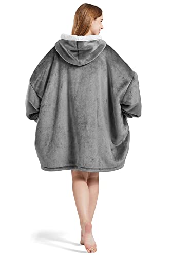 FAYBOX Wearable Blanket Hoodie with Zip for Women Men, Fuzzy Warm Sherpa Comfy Oversized Hoodie Blanket Plush Sweatshirt with Giant Pocket One Size Fits All-Dark Grey