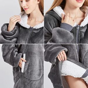 FAYBOX Wearable Blanket Hoodie with Zip for Women Men, Fuzzy Warm Sherpa Comfy Oversized Hoodie Blanket Plush Sweatshirt with Giant Pocket One Size Fits All-Dark Grey