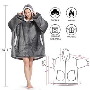 FAYBOX Wearable Blanket Hoodie with Zip for Women Men, Fuzzy Warm Sherpa Comfy Oversized Hoodie Blanket Plush Sweatshirt with Giant Pocket One Size Fits All-Dark Grey