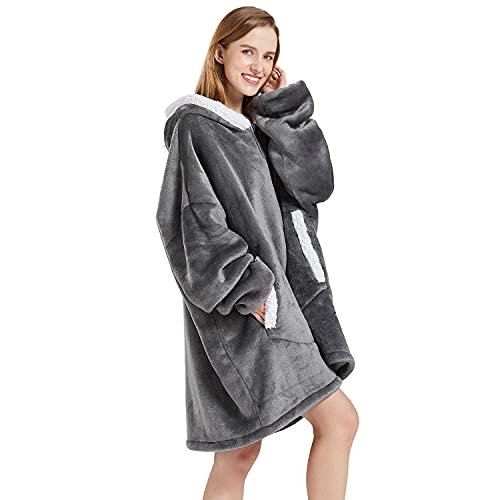 FAYBOX Wearable Blanket Hoodie with Zip for Women Men, Fuzzy Warm Sherpa Comfy Oversized Hoodie Blanket Plush Sweatshirt with Giant Pocket One Size Fits All-Dark Grey