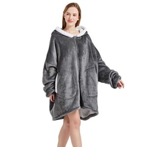 FAYBOX Wearable Blanket Hoodie with Zip for Women Men, Fuzzy Warm Sherpa Comfy Oversized Hoodie Blanket Plush Sweatshirt with Giant Pocket One Size Fits All-Dark Grey