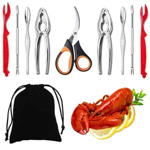 artcome seafood tools set - 2 crab crackers, 2 lobster shellers, 2 seafood forks, 2 wide crab forks, 1 seafood scissors and 1 storage bag