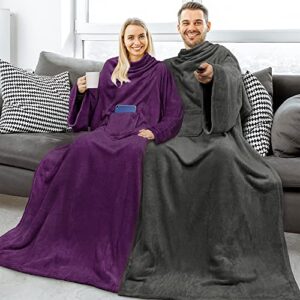 PAVILIA Premium Fleece Blanket with Sleeves for Women Men Adult, Wearable Blanket Warm Cozy, Super Soft Sleeved Throw with Arm, Gift for Women Mom Wife (Charcoal, Regular Pocket)