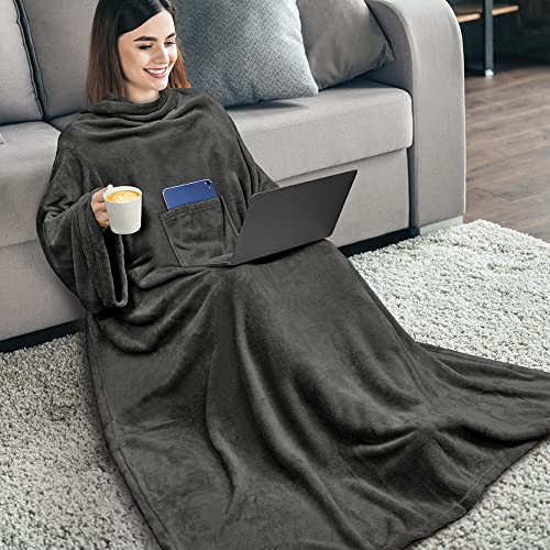 PAVILIA Premium Fleece Blanket with Sleeves for Women Men Adult, Wearable Blanket Warm Cozy, Super Soft Sleeved Throw with Arm, Gift for Women Mom Wife (Charcoal, Regular Pocket)