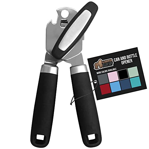 Gorilla Grip Heavy Duty Stainless Steel Smooth Edge Manual Hand Held Can Opener With Soft Touch Handle, Rust Proof Oversized Handheld Easy Turn Knob, Best Large Lid Openers for Kitchen, Black