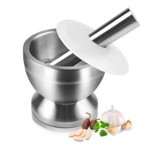 mortar and pestle sets, cuglb food safe mortar and pestle for pills spices herbs with lid,18/8 steel crusher bowl