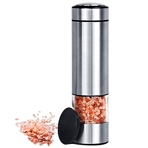 Electric Salt Grinder Pepper Grinder Battery Operated Stainless Steel Pepper Mill Automatic Salt and Pepper Grinder with with Adjustable Coarseness, 1 Pack