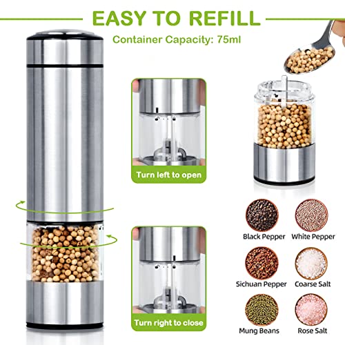 Electric Salt Grinder Pepper Grinder Battery Operated Stainless Steel Pepper Mill Automatic Salt and Pepper Grinder with with Adjustable Coarseness, 1 Pack