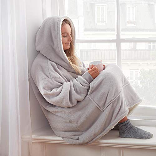 Sienna Wearable Sherpa Hoodie Blanket with Ultra Soft Fleece Lining Warm Cozy Oversized Sweatshirt Throw for Adults, One Size Fits All - Silver Grey