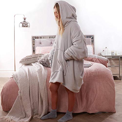 Sienna Wearable Sherpa Hoodie Blanket with Ultra Soft Fleece Lining Warm Cozy Oversized Sweatshirt Throw for Adults, One Size Fits All - Silver Grey