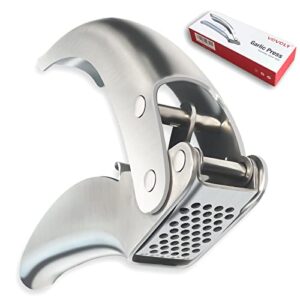 vovoly premium garlic press stainless steel, no need to peel garlic presser, heavy duty professional grade double lever-assisted garlic mincer with high capacity chamber- easier clean garlic crusher