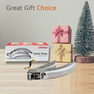 VOVOLY Premium Garlic Press Stainless Steel, No need to Peel Garlic Presser, Heavy Duty Professional Grade Double Lever-Assisted Garlic Mincer with High Capacity Chamber- Easier Clean Garlic Crusher