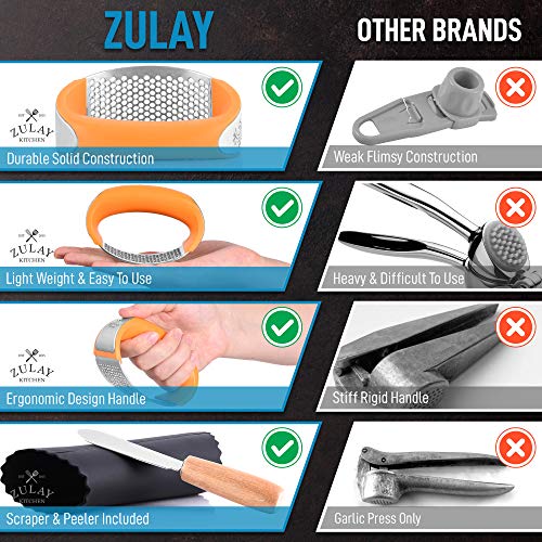 Zulay Stainless Steel Garlic Press Rocker Set - Premium Garlic Mincer With Silicone Peeler & Scraper - Arc Shape Design Garlic Crusher With Comfortable Grip (Orange)