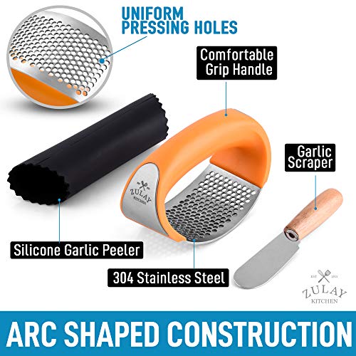 Zulay Stainless Steel Garlic Press Rocker Set - Premium Garlic Mincer With Silicone Peeler & Scraper - Arc Shape Design Garlic Crusher With Comfortable Grip (Orange)