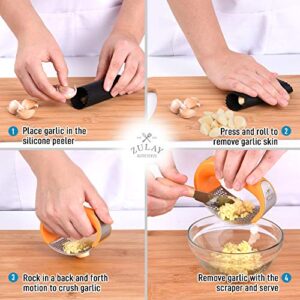 Zulay Stainless Steel Garlic Press Rocker Set - Premium Garlic Mincer With Silicone Peeler & Scraper - Arc Shape Design Garlic Crusher With Comfortable Grip (Orange)