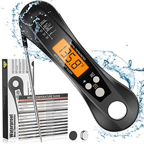 Meat Thermometer Digital, KKQ Instant Read Food Thermometer for Cooking, IP67 Waterproof with Magnet, Foldable Probe, Backlight, Calibration, for Kitchen, Cooking, Grilling, BBQ, Candy, Beef, Turkey