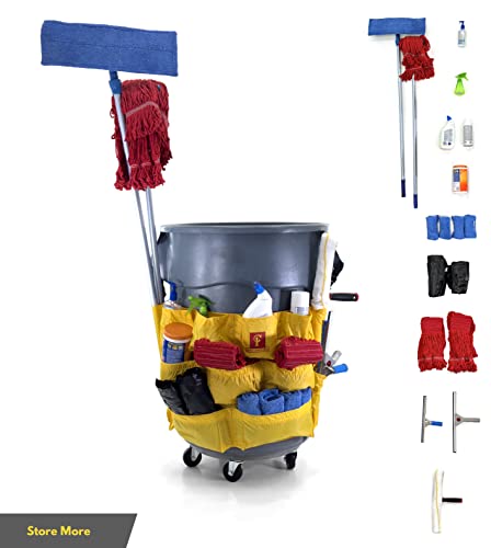 Trash Can Caddy Bag | Brute Compatible | Fits 32-55 Gallon Can | 12 Pockets | Heavy Duty Vinyl Construction Organizer for Cleaning & Janitorial Duties.