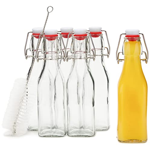 Juvale 6-Pack 8 oz Swing Top Glass Bottles with Stoppers with Airtight Caps and 1 Cleaning Brush, Flip Top Brewing Bottles for Homemade Kombucha, Vanilla Extract, Infused Oil, Vinegar, Tea