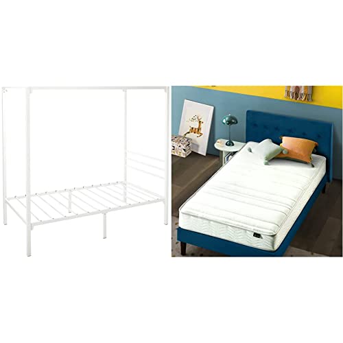 Zinus Patricia White Metal Canopy Platform Bed Frame, Twin & 6 Inch Foam and Spring Mattress/CertiPUR-US Certified Foams/Mattress-in-a-Box, Twin