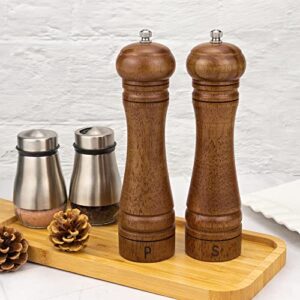 XWXO Wood Salt and Pepper Grinder Set, Salt Mill Pepper Grinder Set, Pepper Mill, Salt Shakers with Adjustable Ceramic Rotor- Oak Wood Pepper Grinder for Your Kitchen 8 inches - Pack of 2