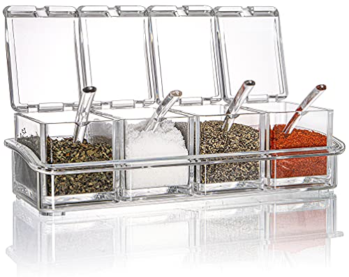 Yesland Clear Seasoning Rack Spice Pots - 4 Piece Storage Container Condiment Jars - Acrylic Seasoning Box, Cruet with Cover and Spoon