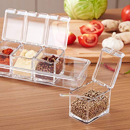 Yesland Clear Seasoning Rack Spice Pots - 4 Piece Storage Container Condiment Jars - Acrylic Seasoning Box, Cruet with Cover and Spoon