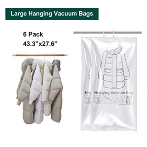 Elebac Hanging Vacuum Storage Bags for Clothes, 6 Large Vacuum Sealer Space Saver Bags for Clothes, Vacuum Compression Garment Bags for Closet Orgainzer, Coat, Jacket, with Hanger Hook