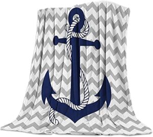 flannel fleece luxury lightweight cozy couch/bed super soft warm plush microfiber throw blanket,nautical navy anchor with gray and white chevron (40 x 50 inches)