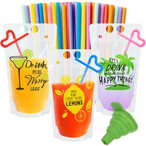 90 pcs drink pouches for adults, clear patterned juice pouches for adults bags, reusable drink bags for cold & hot drinks with 90 straws one funnel(3 patterns,30 each)