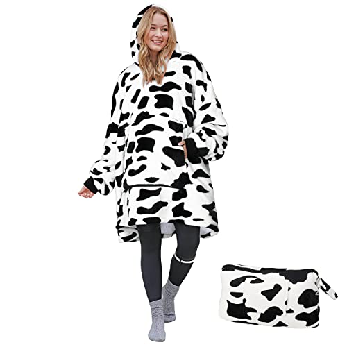 Catalonia Cow Print Oversized Blanket Hoodie Sweatshirt, Wearable Sherpa Blanket Pullover, Soft Warm Comfortable Portable Travel Sweater Pillow for Adults Men Women, Gift for Her