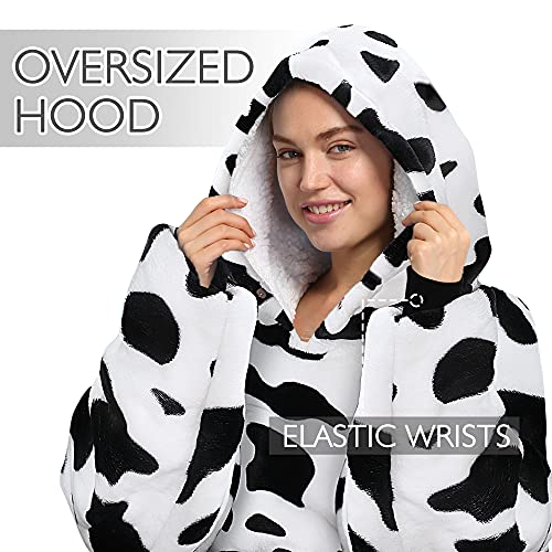 Catalonia Cow Print Oversized Blanket Hoodie Sweatshirt, Wearable Sherpa Blanket Pullover, Soft Warm Comfortable Portable Travel Sweater Pillow for Adults Men Women, Gift for Her