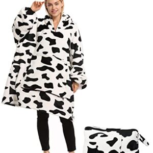 Catalonia Cow Print Oversized Blanket Hoodie Sweatshirt, Wearable Sherpa Blanket Pullover, Soft Warm Comfortable Portable Travel Sweater Pillow for Adults Men Women, Gift for Her