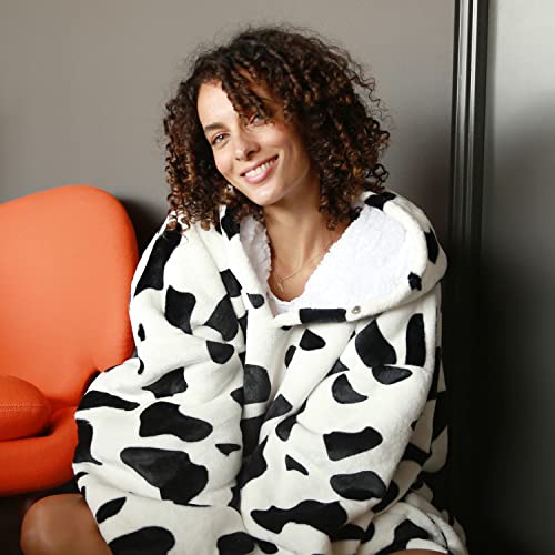 Catalonia Cow Print Oversized Blanket Hoodie Sweatshirt, Wearable Sherpa Blanket Pullover, Soft Warm Comfortable Portable Travel Sweater Pillow for Adults Men Women, Gift for Her