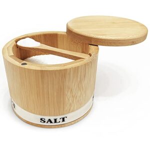 thougrlyh salt box bamboo salt container with swivel lid with magnetic to easily open and seal salt cella with spoon for storing salt pepper sugar herbs small spice box