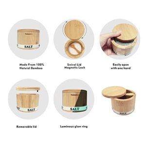 ThougrLyh Salt Box Bamboo Salt Container with Swivel Lid with magnetic To Easily Open And Seal Salt Cella With Spoon for Storing Salt Pepper Sugar Herbs Small Spice Box