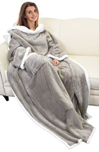 catalonia sherpa wearable blanket with sleeves arms, super soft warm comfy large fleece plush sleeved tv throws wrap robe blanket for adult women and men, gift for her